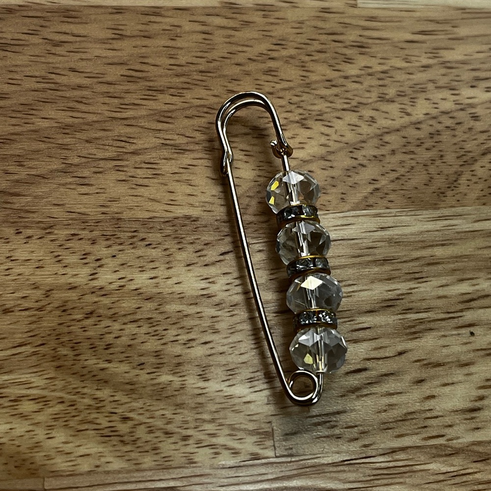 Sparkly Safety Pin Gold Crystal Beads Brooch